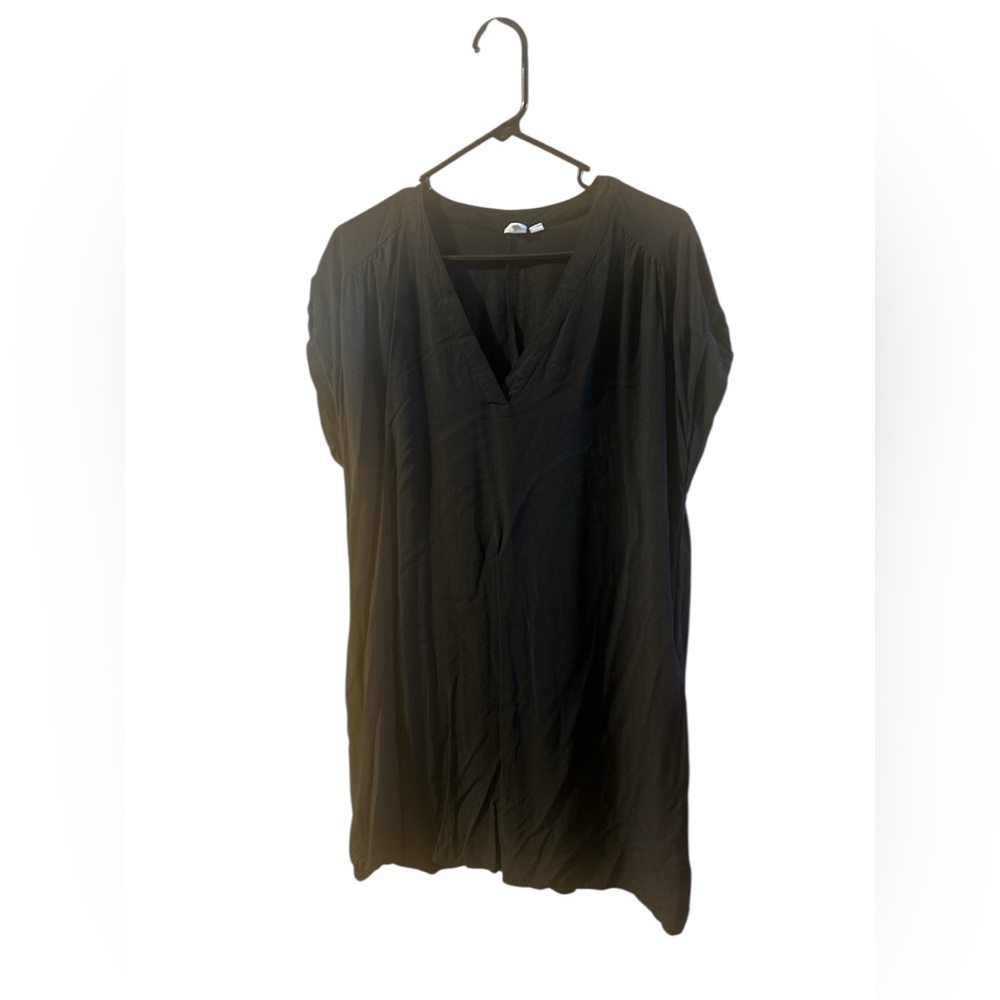 GAP PETITE BLACK V NECK RAYON SHORT SLEEVE DRESS WITH POCKETS SIZE LARGE